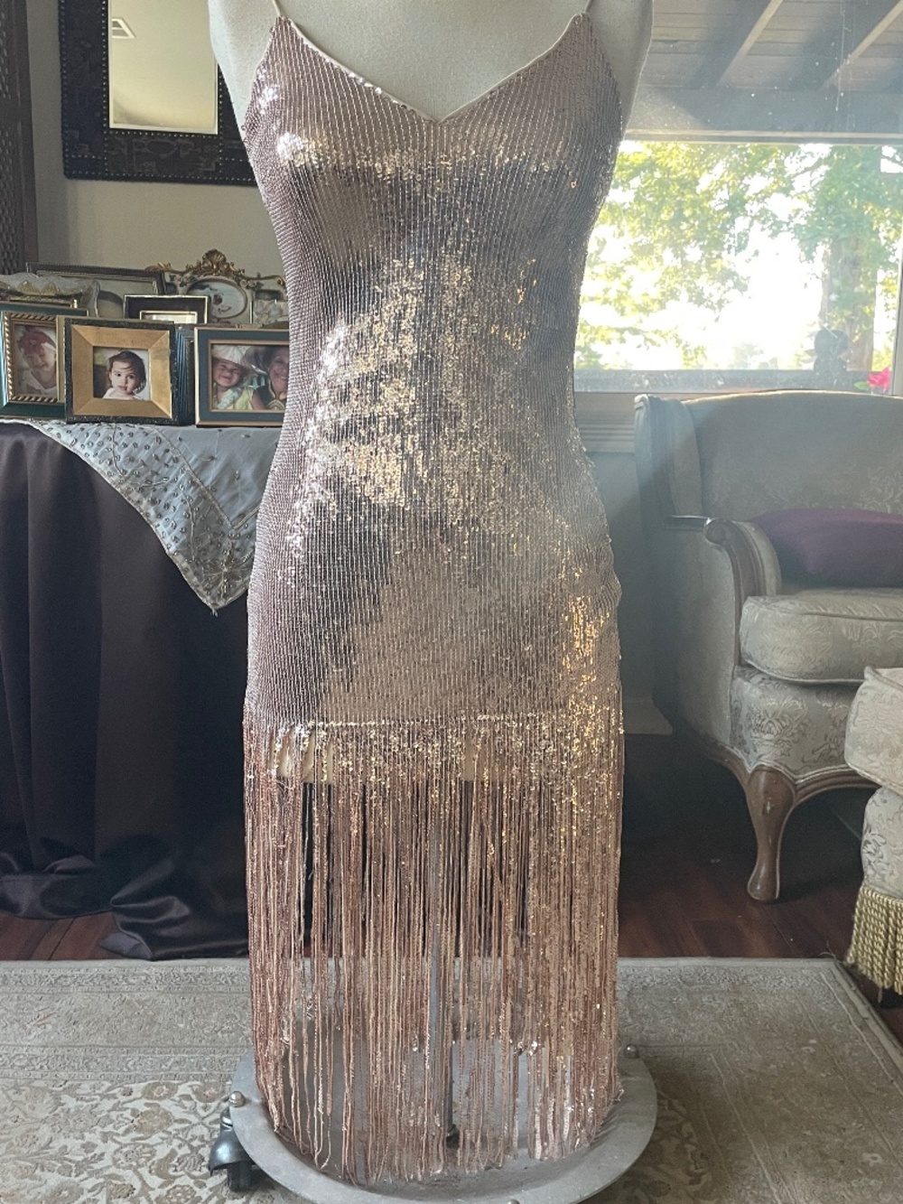 Golden  Rose dress for festive occasions, with fringes. Size s